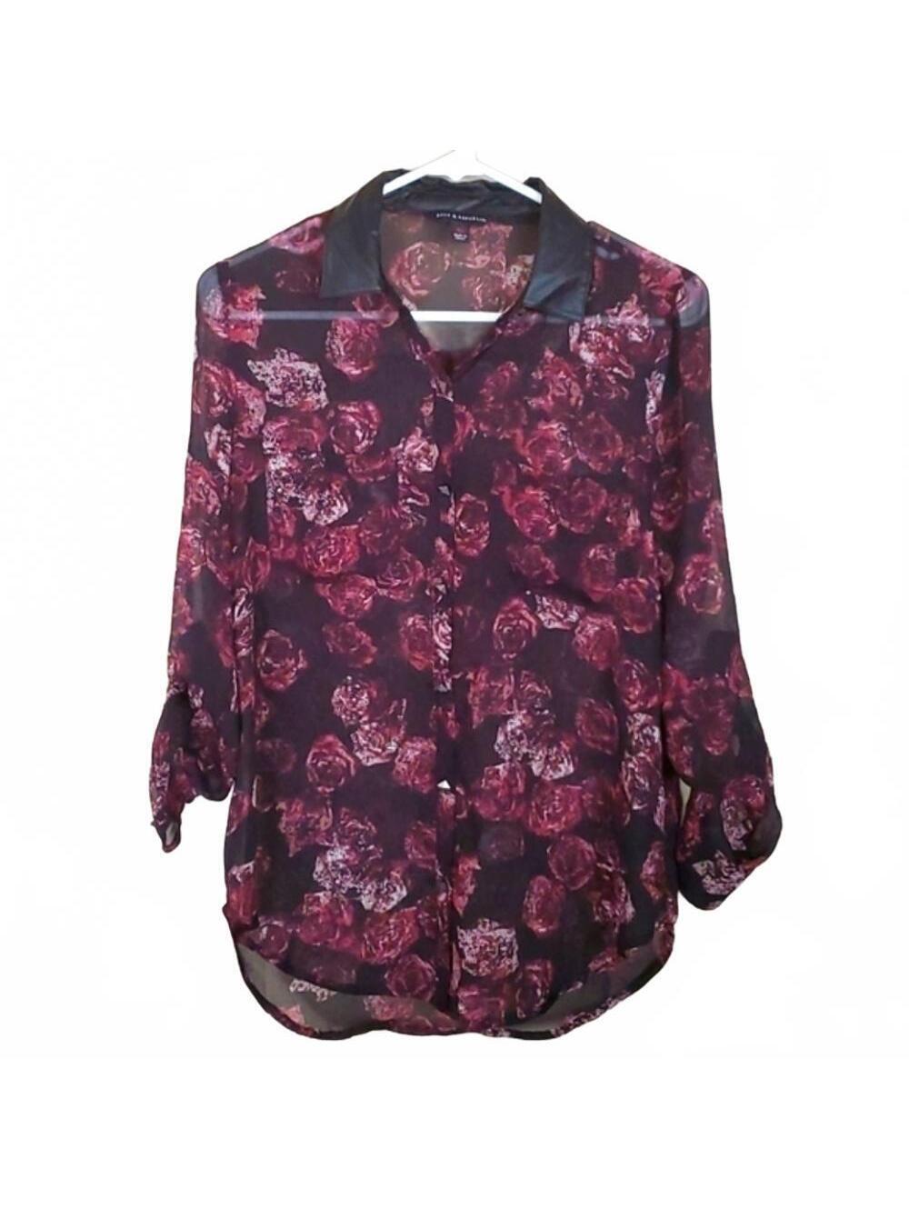 Rock & Republic XS Sheer Button-Up Blouse with Leather Accents - Floral Print